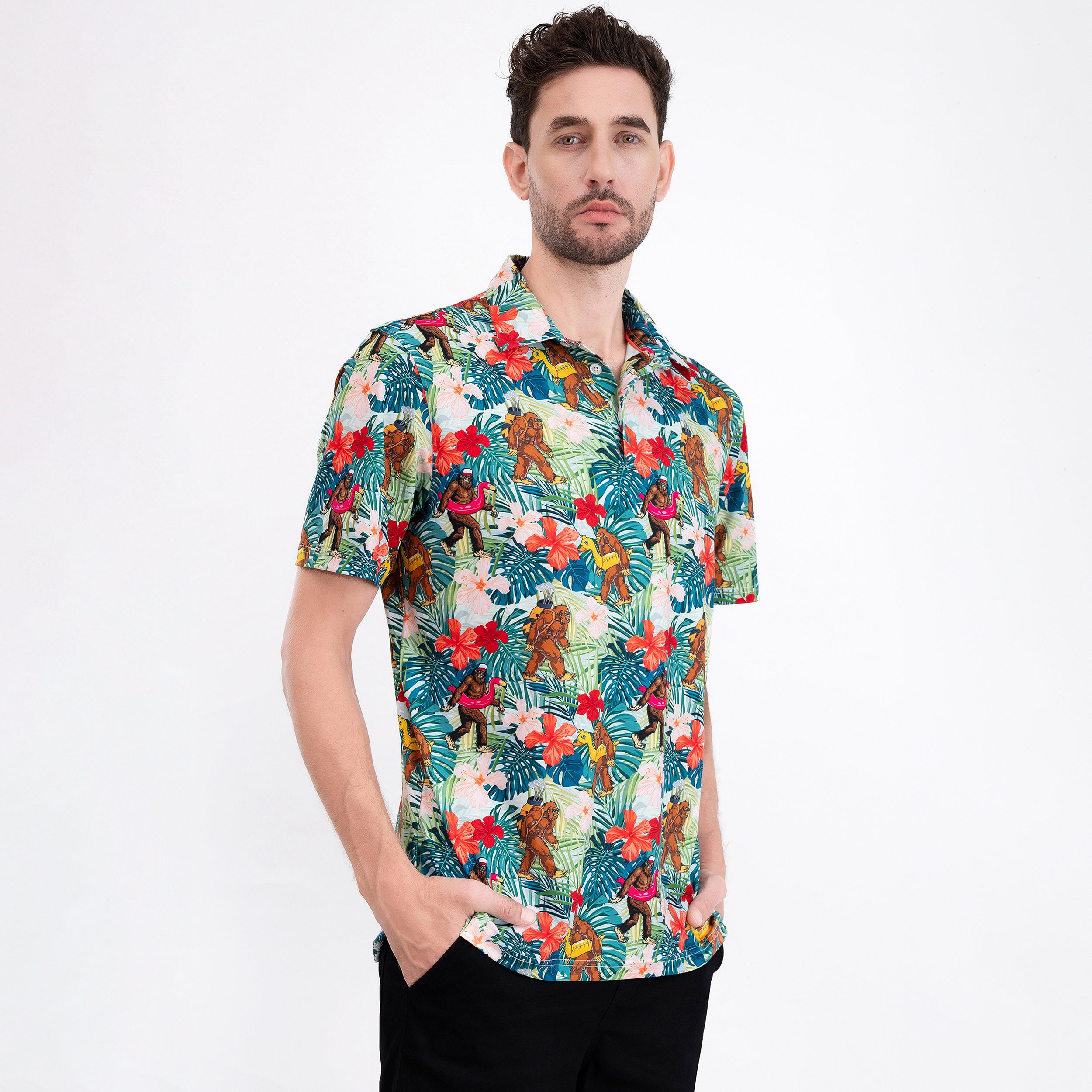 Funny Bigfoot Floral Tropical Golf Polo Shirt for Men