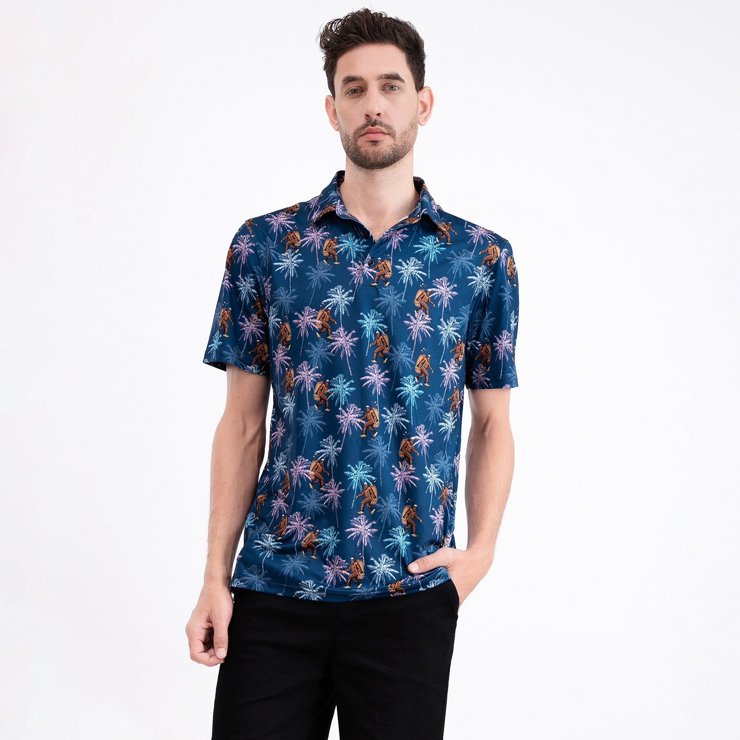 Navy Bigfoot Floral Tropical Golf Polo Shirt for Men