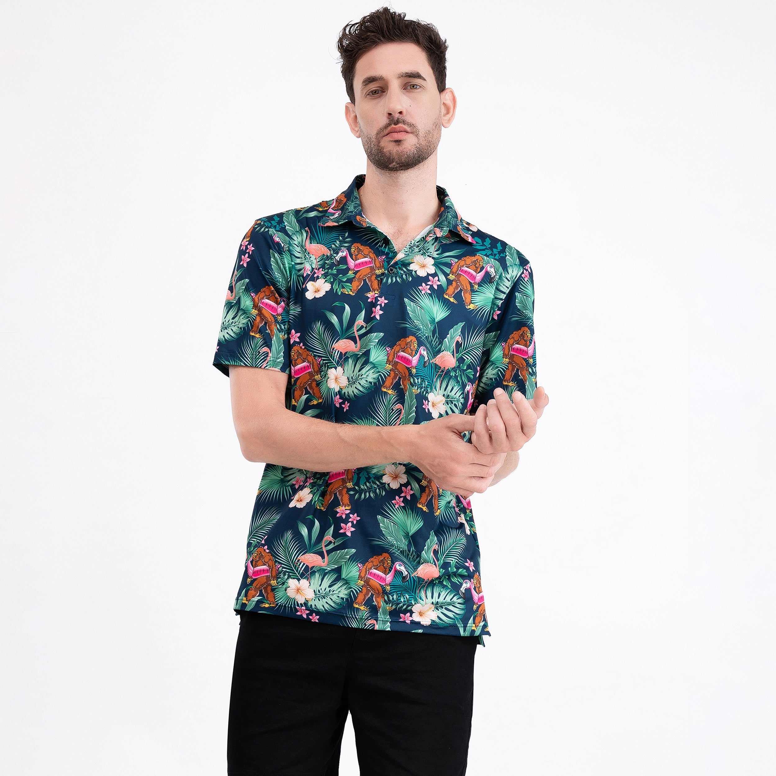 Green Bigfoot Floral Tropical Golf Polo Shirt for Men