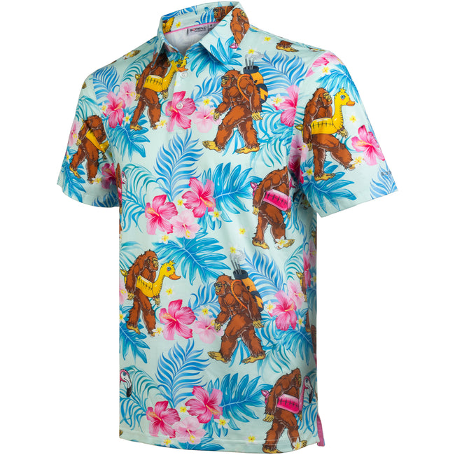 Turquoise Bigfoot Floral Tropical Golf Polo Shirt for Men Hover Image