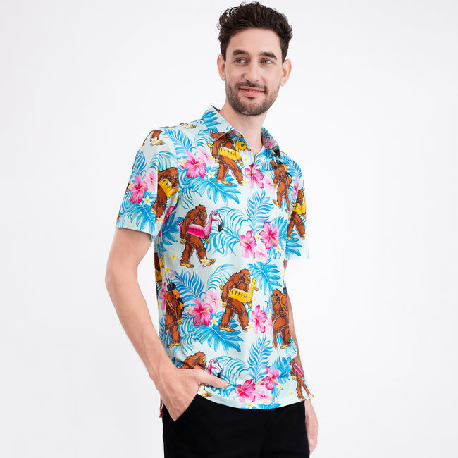 Turquoise Bigfoot Floral Tropical Golf Polo Shirt for Men Main Image