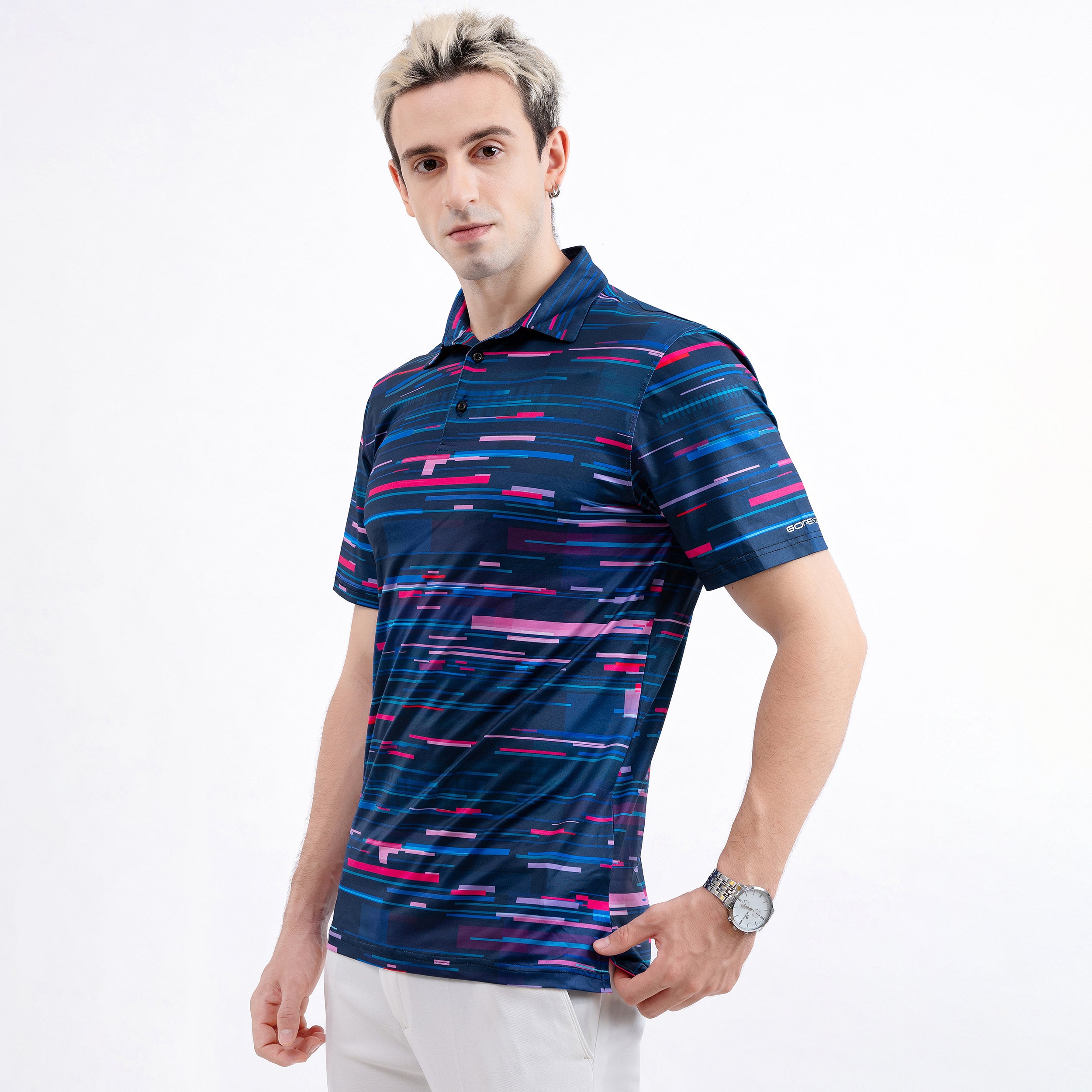 Navy Pink Speed Stripe Men’s Performance Golf Polo
