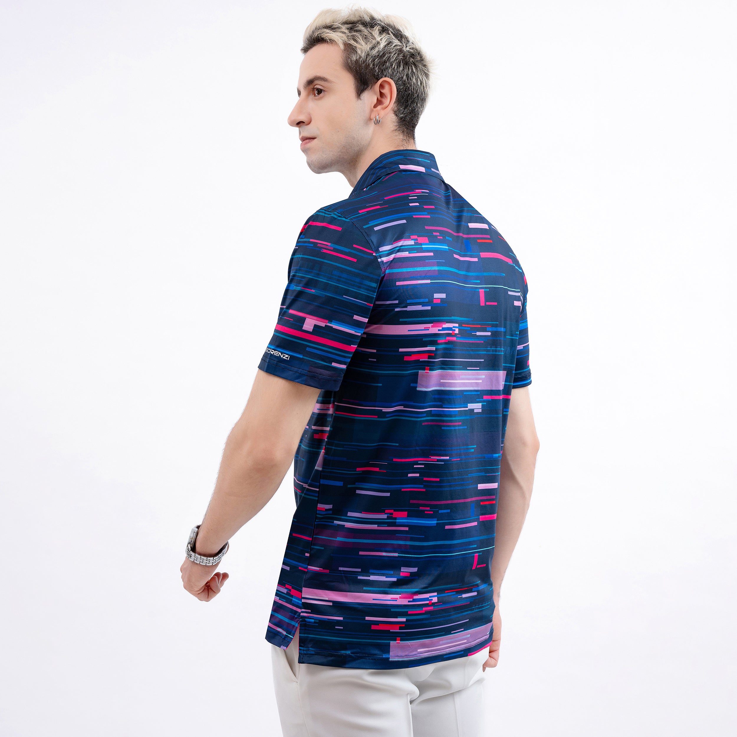 Navy Pink Speed Stripe Men’s Performance Golf Polo