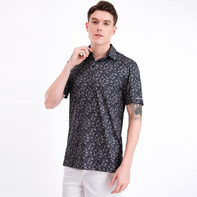 Black Floral Tropical Golf Polo Shirt for Men Main Image