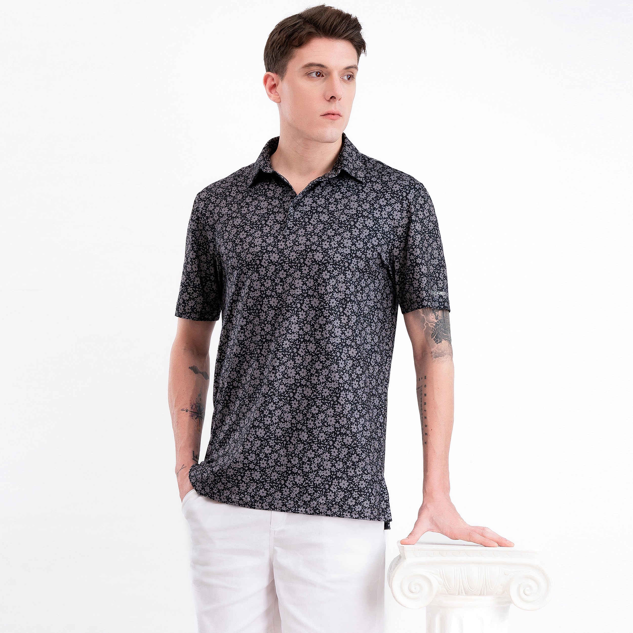 Black Tropical Floral Men’s Performance Golf Polo
