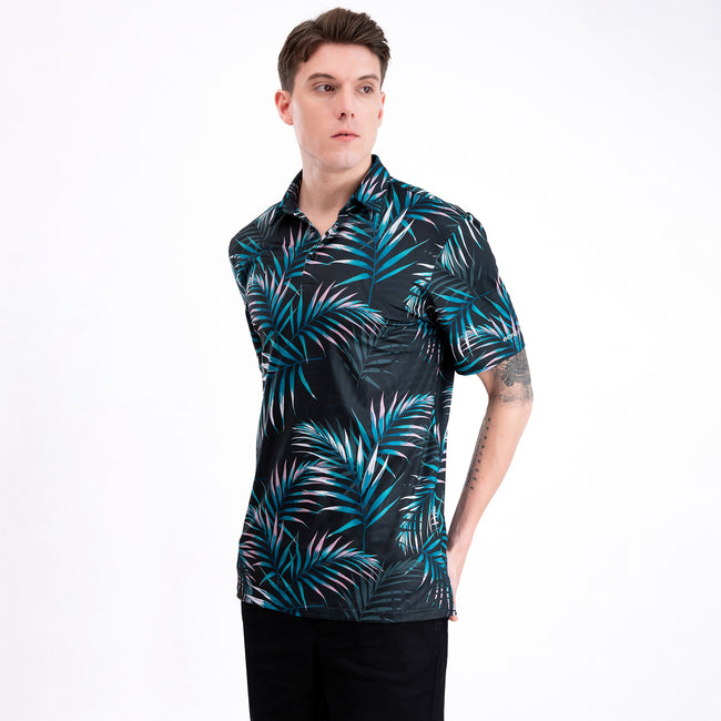 Dark Green Tropical Leaf Golf Polo Shirt for Men Main Image