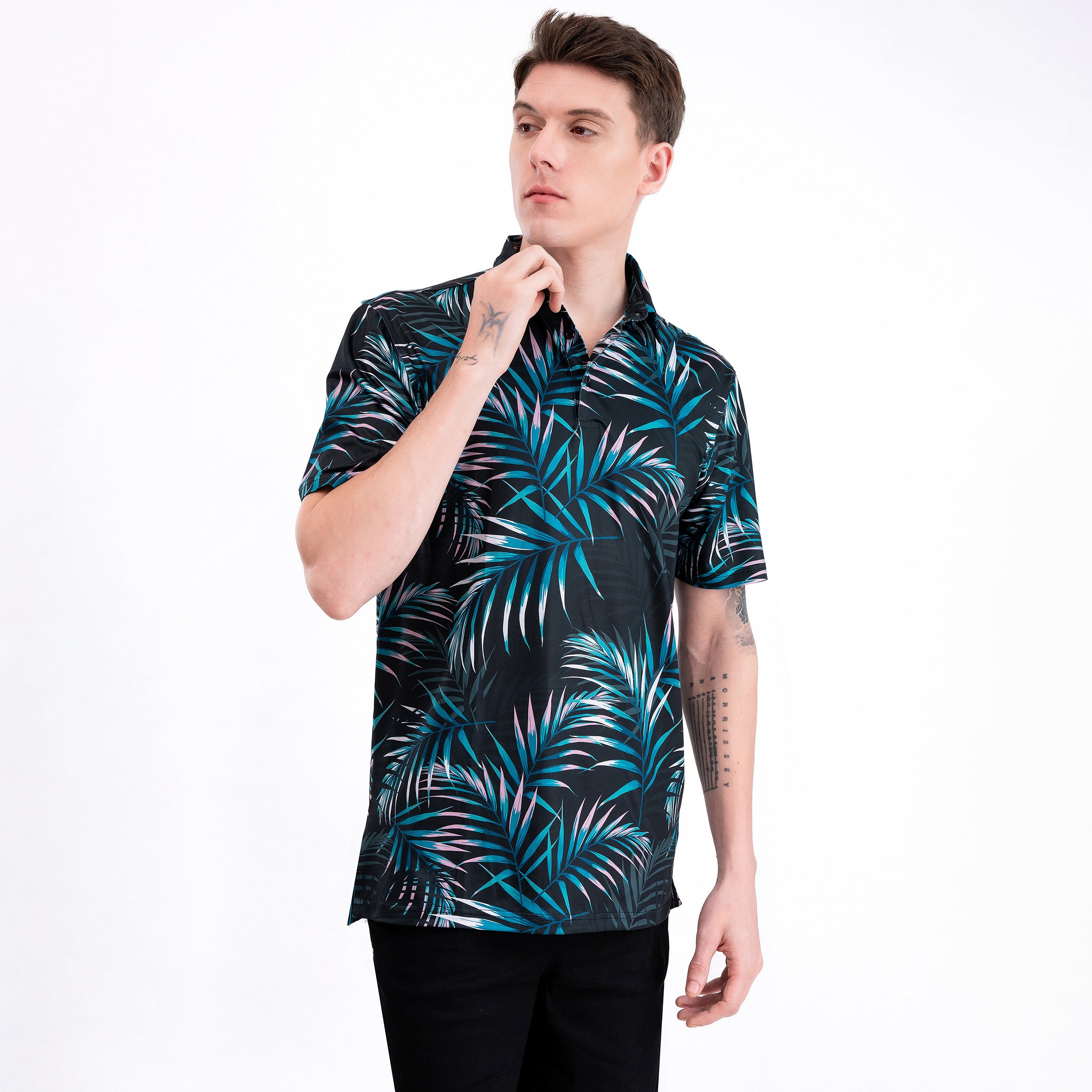 Midnight Tropical Leaf Men’s Performance Golf Polo