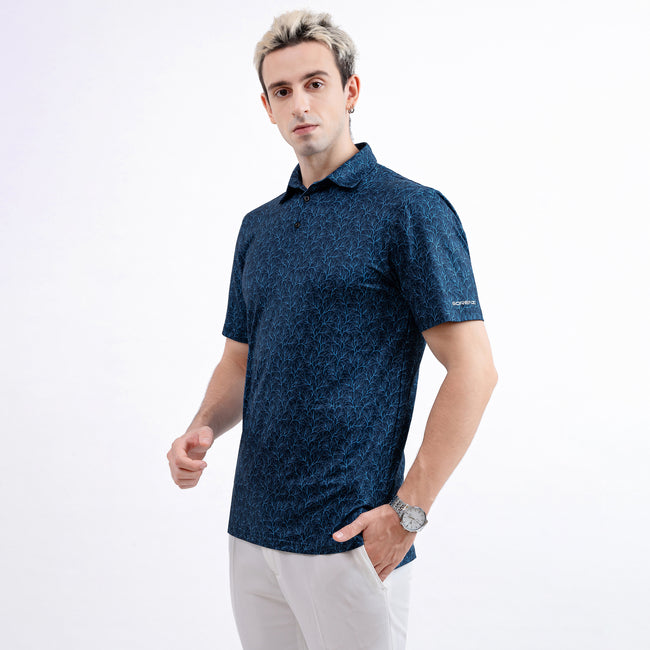 Navy Tropical Palm Leaf Golf Polo Shirt for Men Main Image
