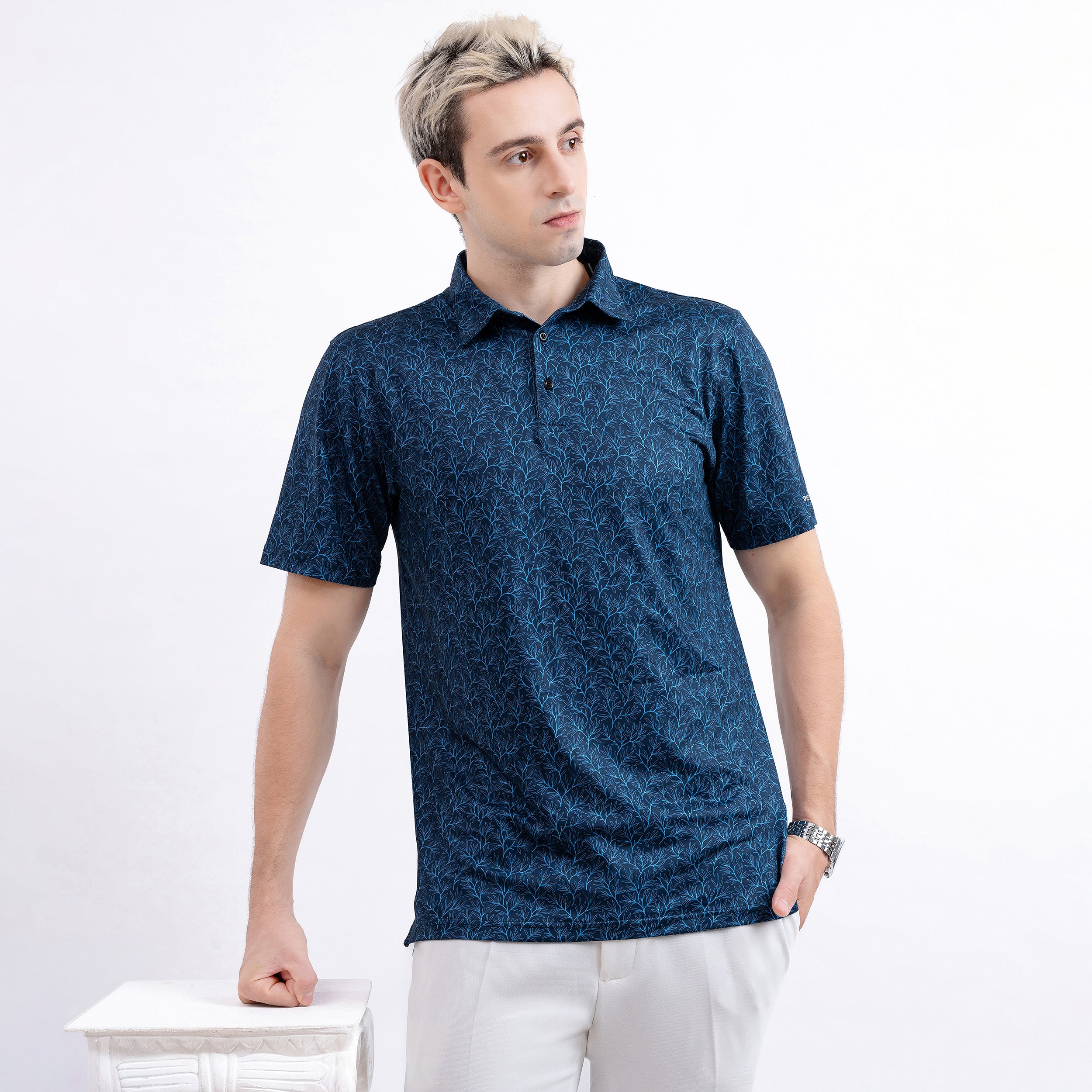 Navy Palm Leaf Men’s Performance Golf Polo