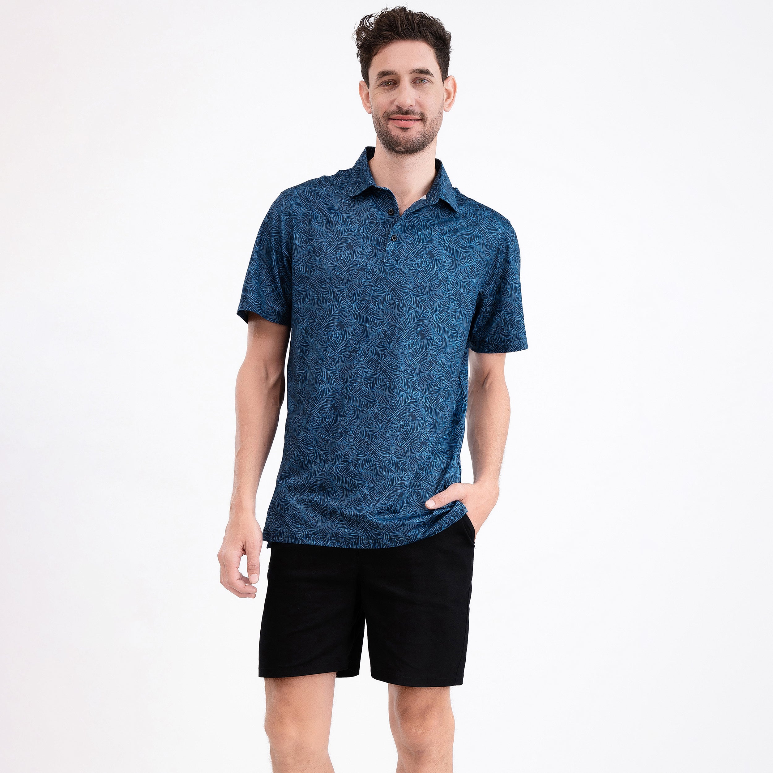 Deep Blue Tropical Leaf Men’s Performance Golf Polo