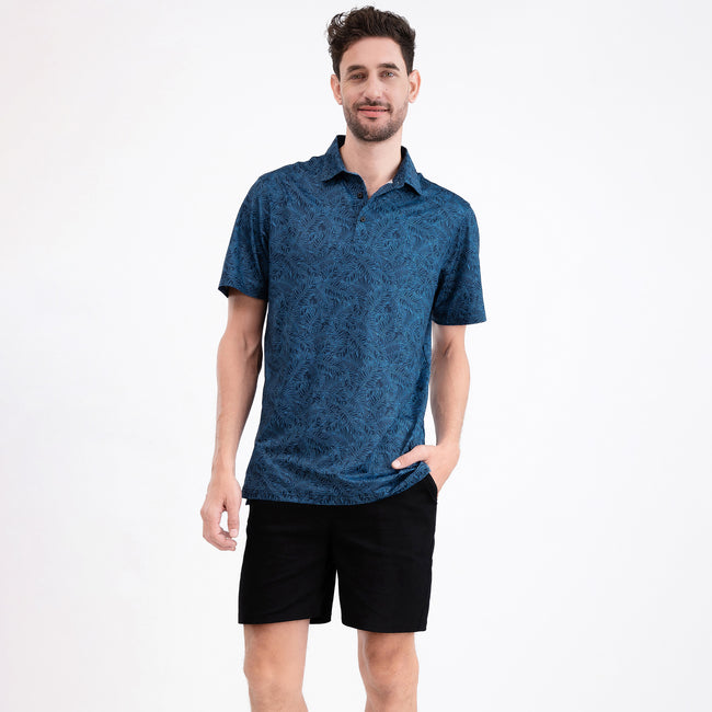 Navy Tropical Leaf Golf Polo Shirt for Men Main Image