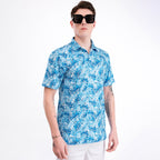 Sky Blue Tropical Leaf Men’s Performance Golf Polo