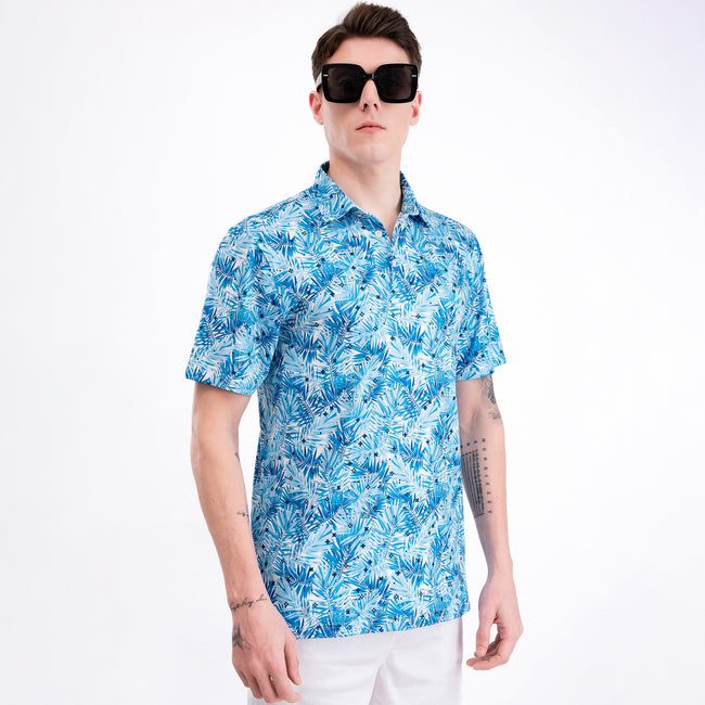 Blue Tropical Leaf Golf Polo Shirt for Men Main Image