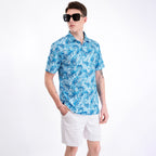 Sky Blue Tropical Leaf Men’s Performance Golf Polo