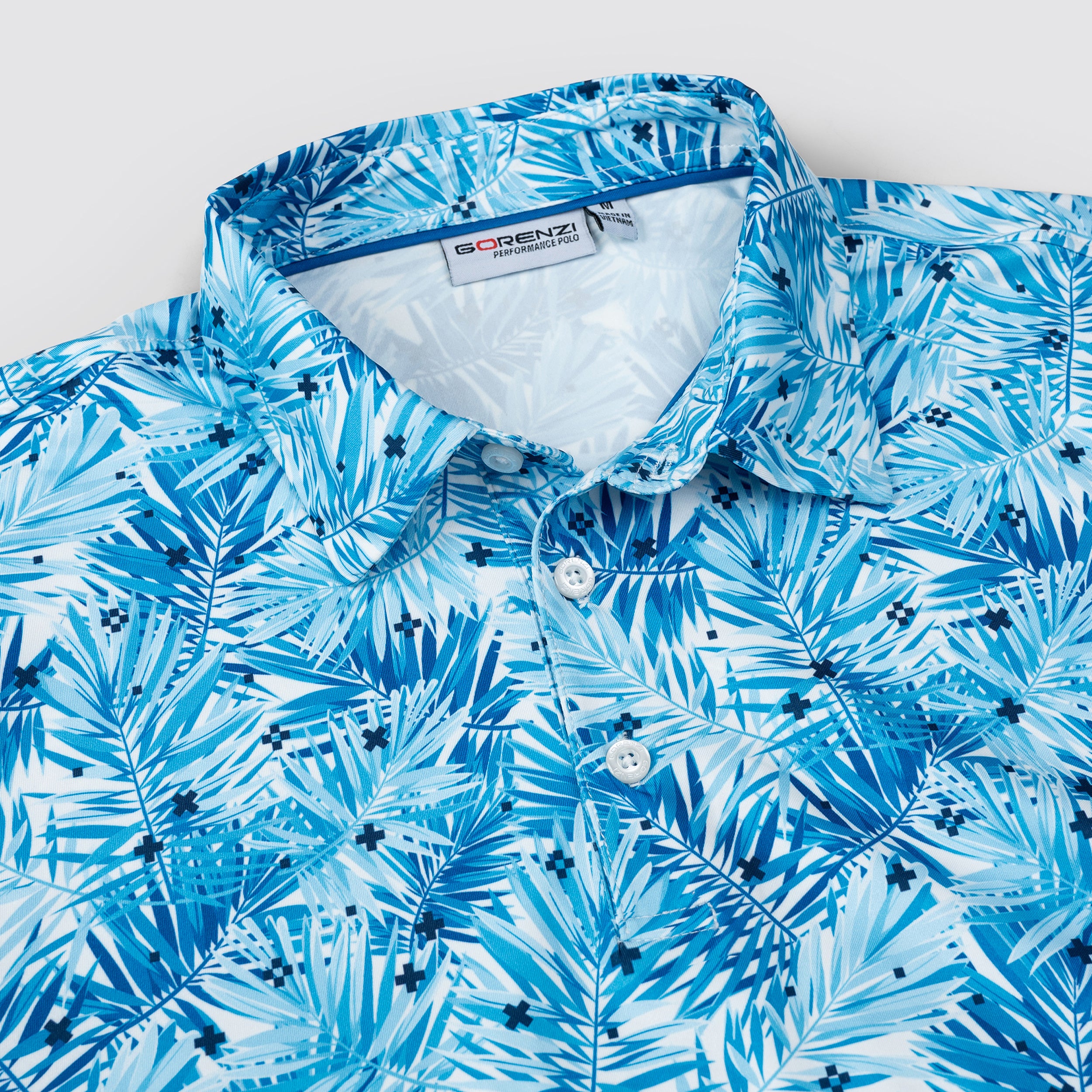 Sky Blue Tropical Leaf Men’s Performance Golf Polo