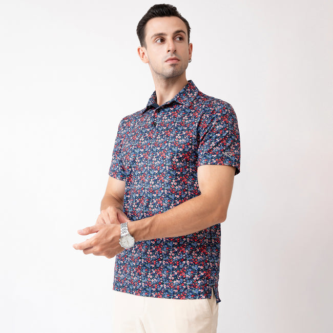 Navy Red Floral Men’s Performance Golf Polo Main Image
