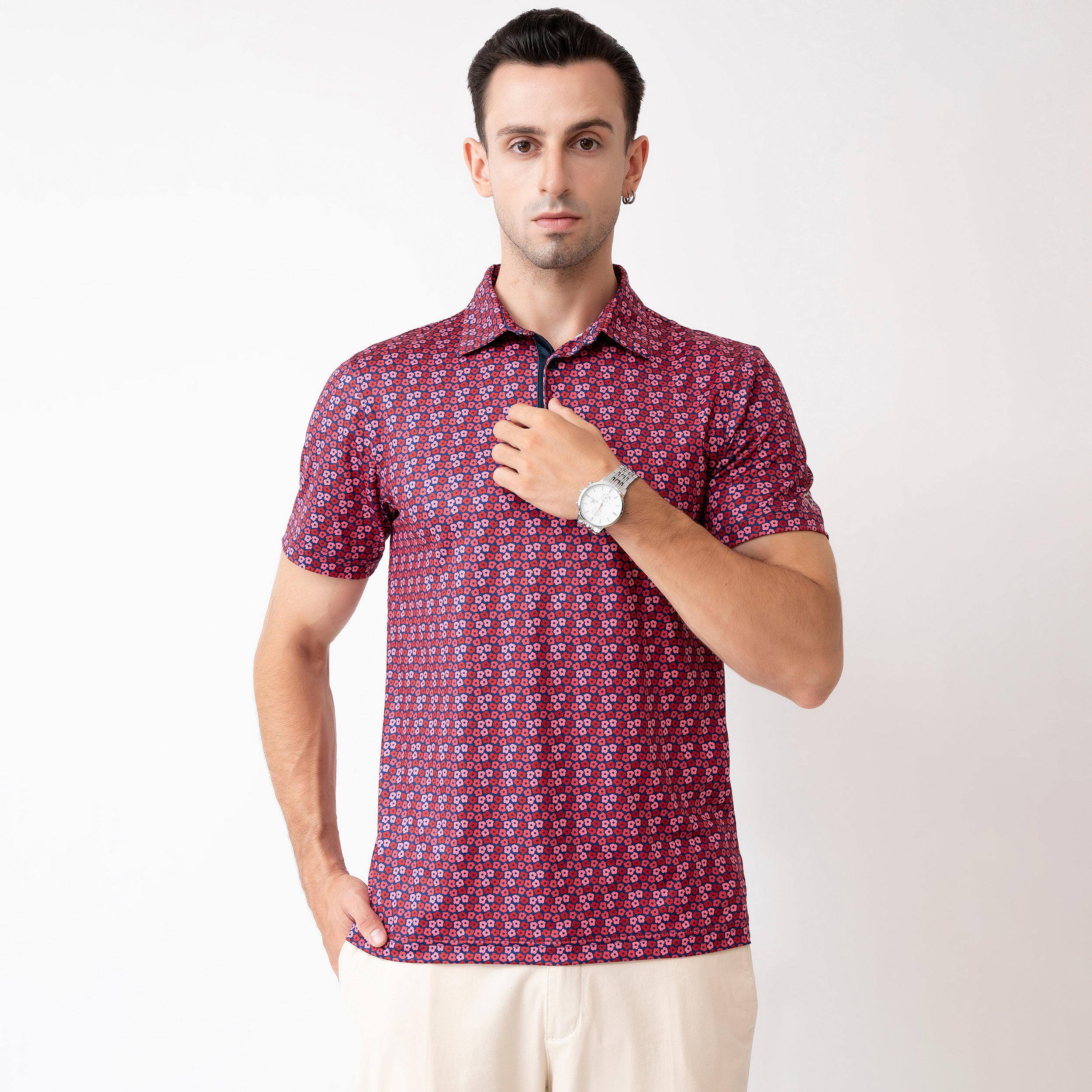 Rose Floral Golf Shirts for Men Short Sleeve Performance Polo