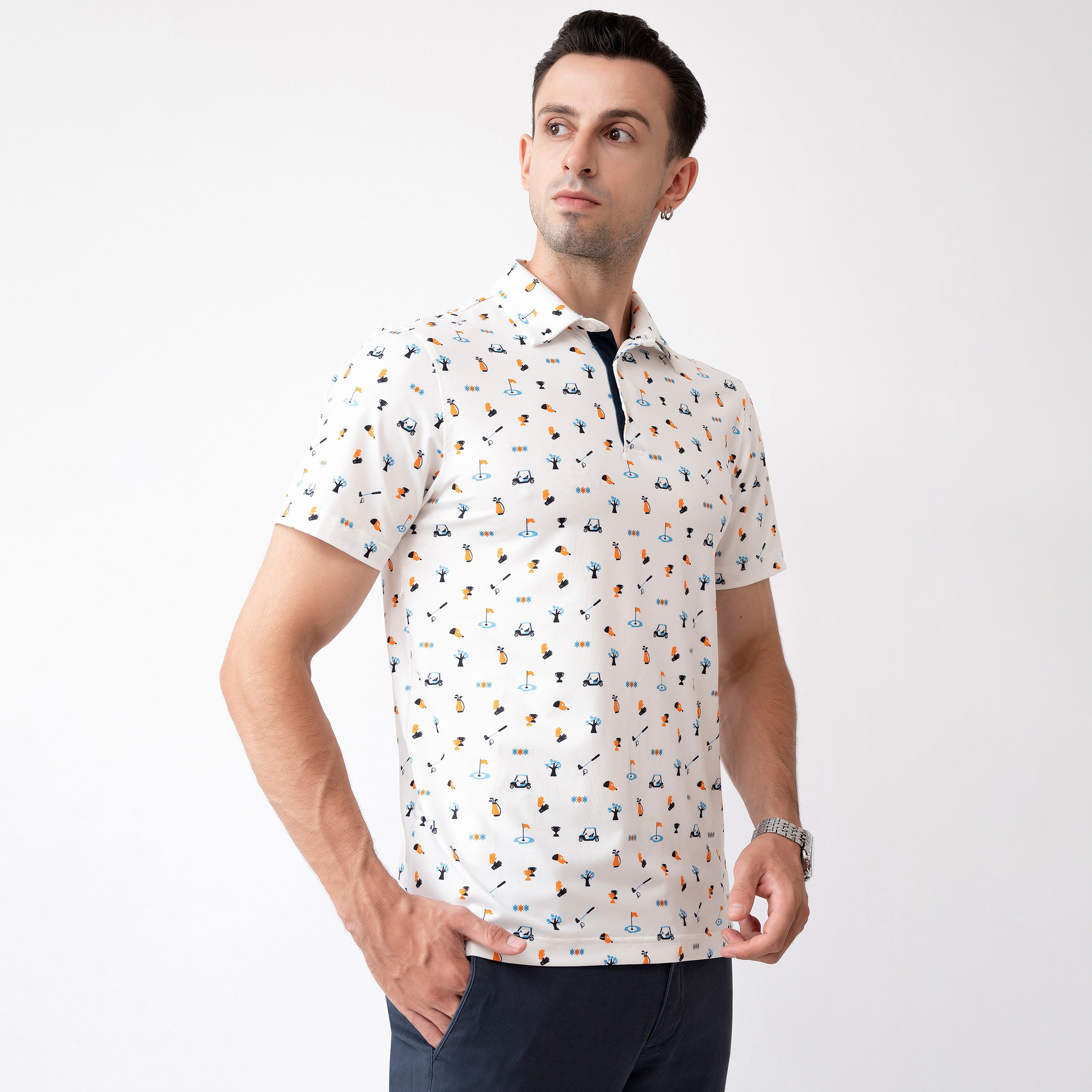 Novelty White Patterned Print Golf Shirts for Men Short Sleeve Performance Polo