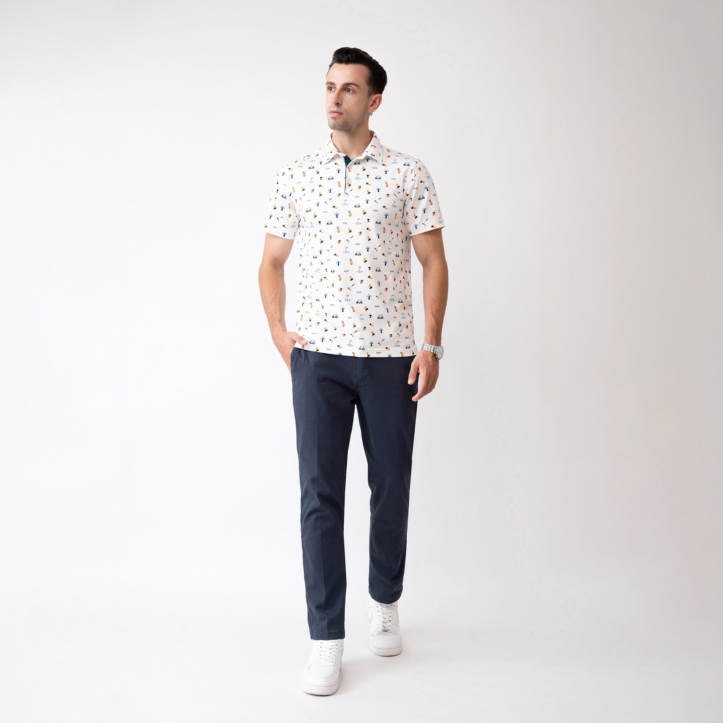 Novelty White Patterned Print Golf Shirts for Men Short Sleeve Performance Polo