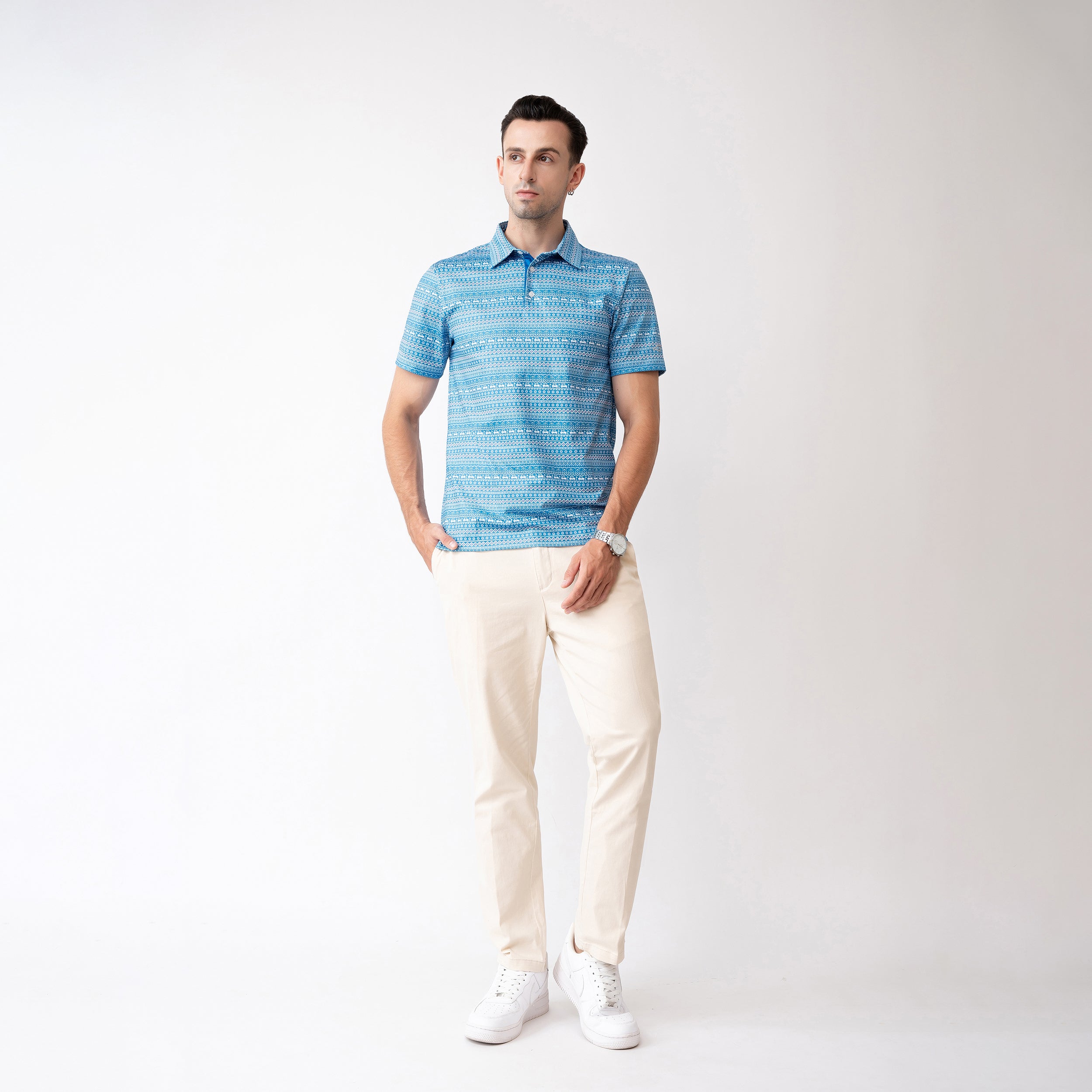 Blue Striped Golf Shirts for Men Short Sleeve Performance Polo