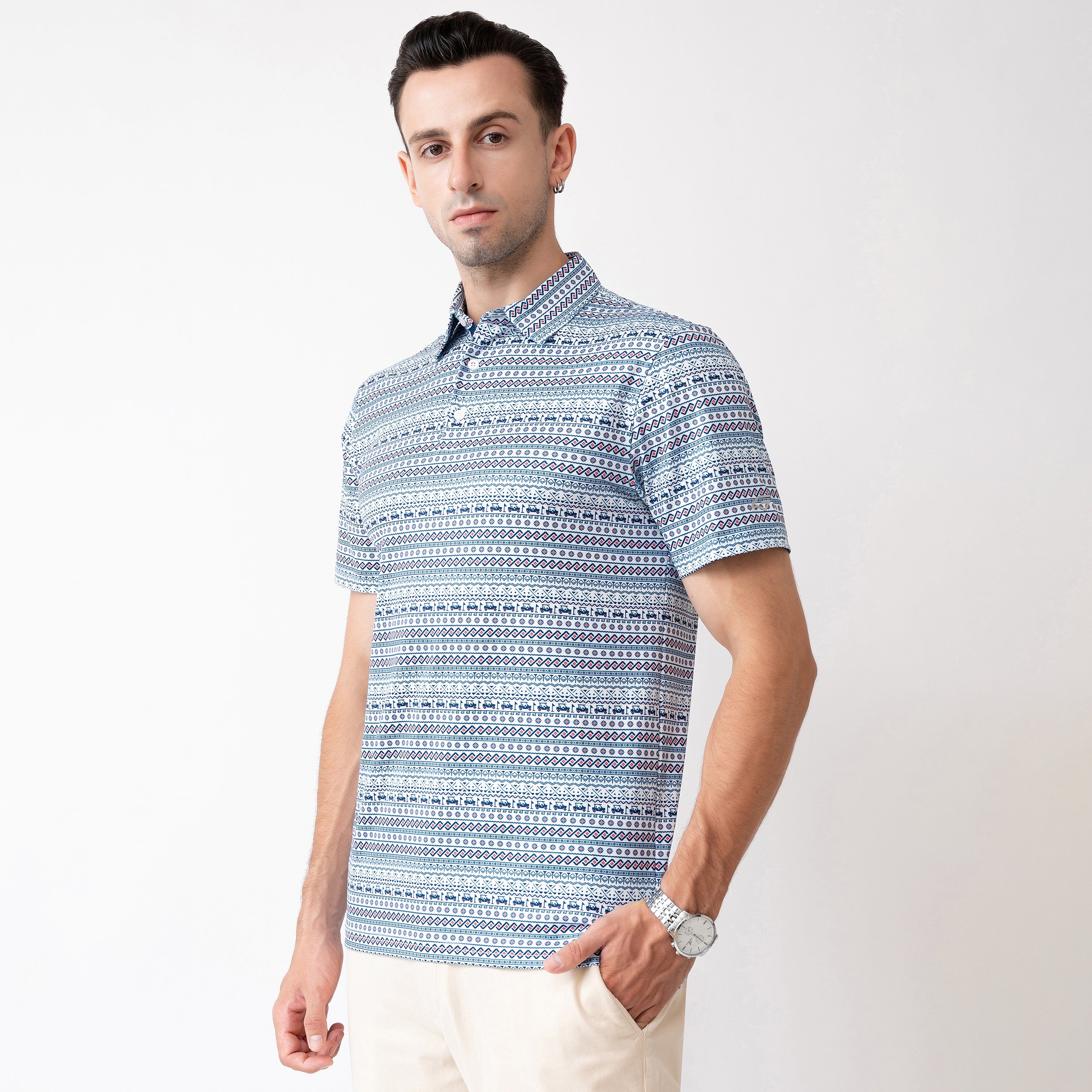 White Striped Golf Shirts for Men Short Sleeve Performance Polo