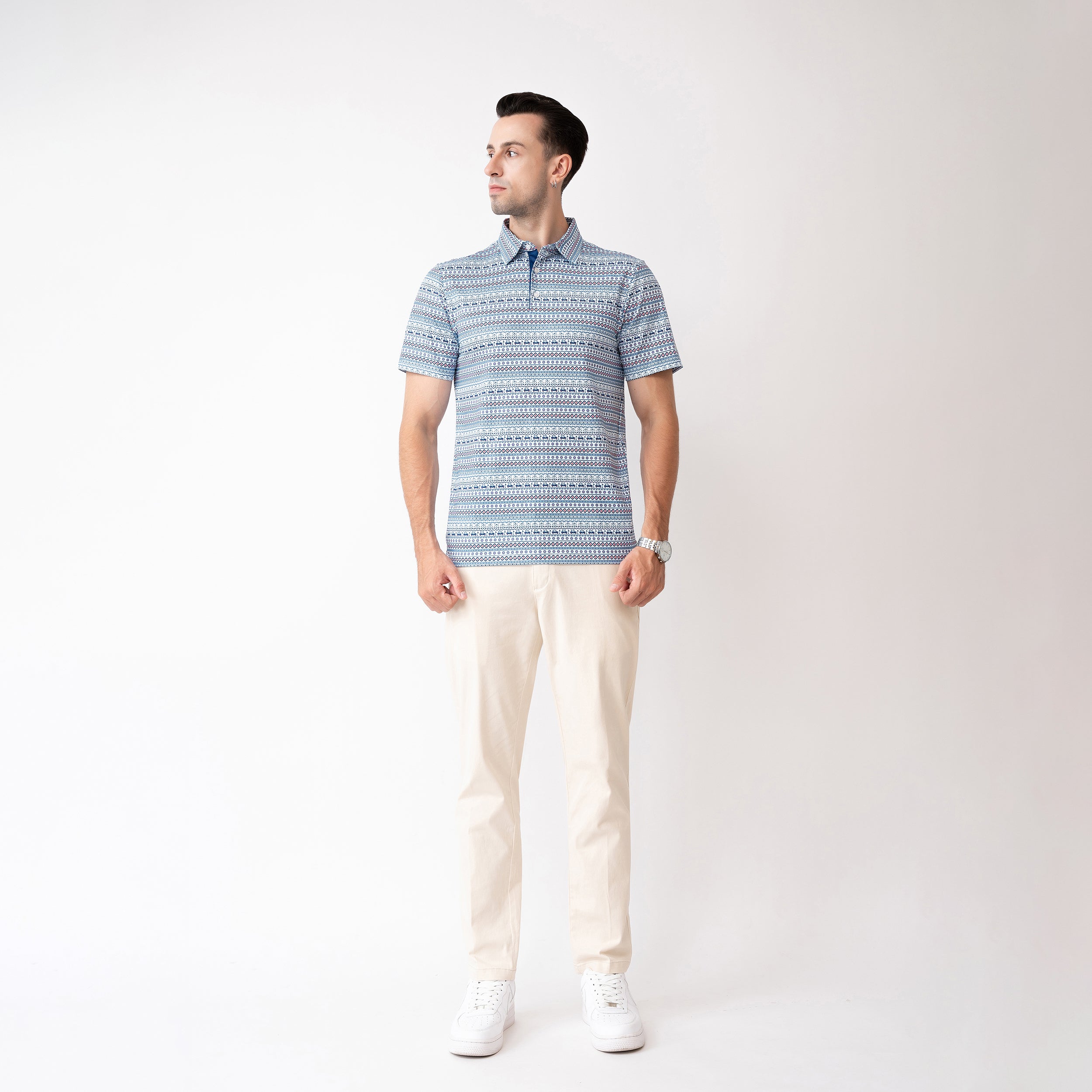 White Striped Golf Shirts for Men Short Sleeve Performance Polo