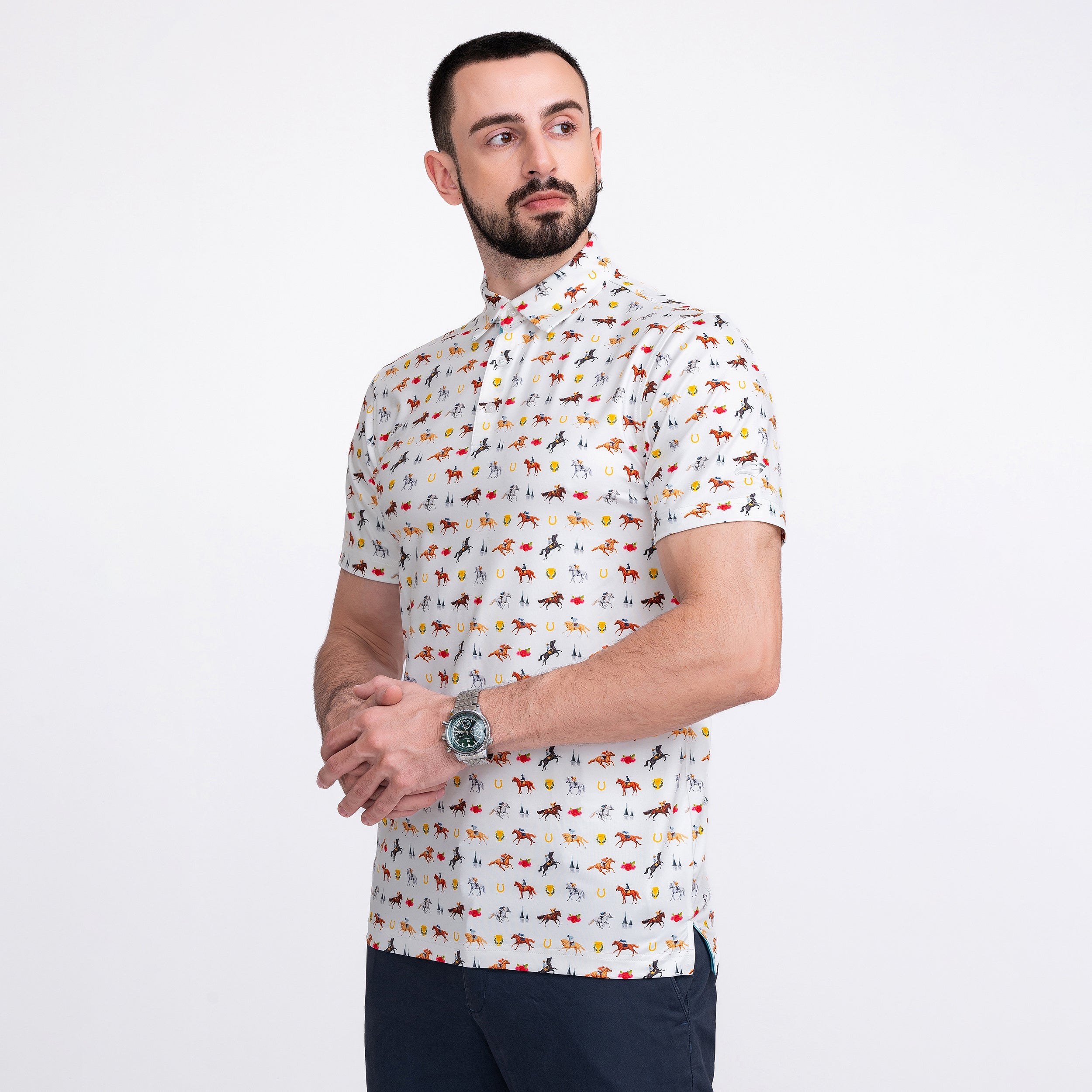 White Horse Racing Golf Shirts for Men Short Sleeve Performance Polo