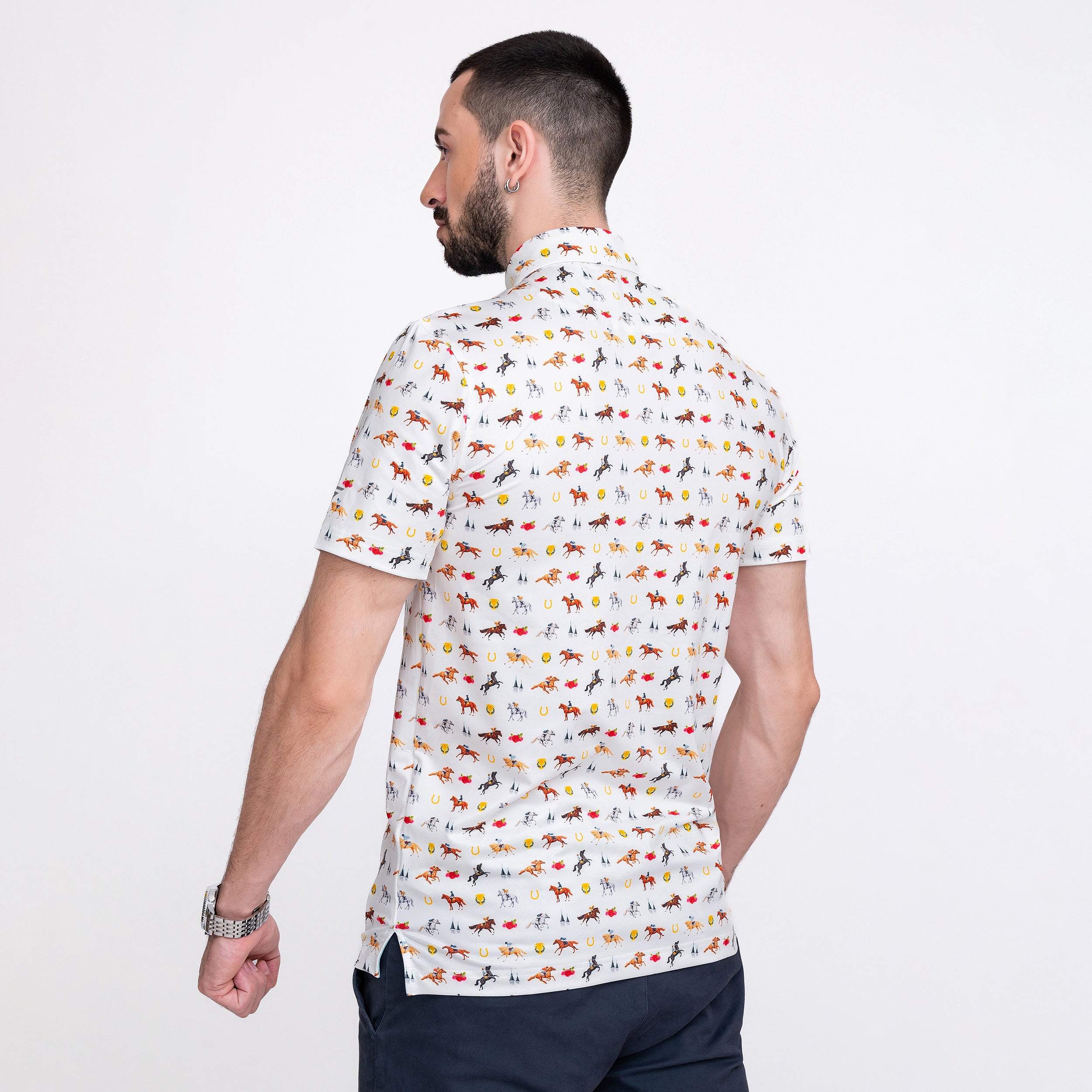 White Horse Racing Golf Shirts for Men Short Sleeve Performance Polo