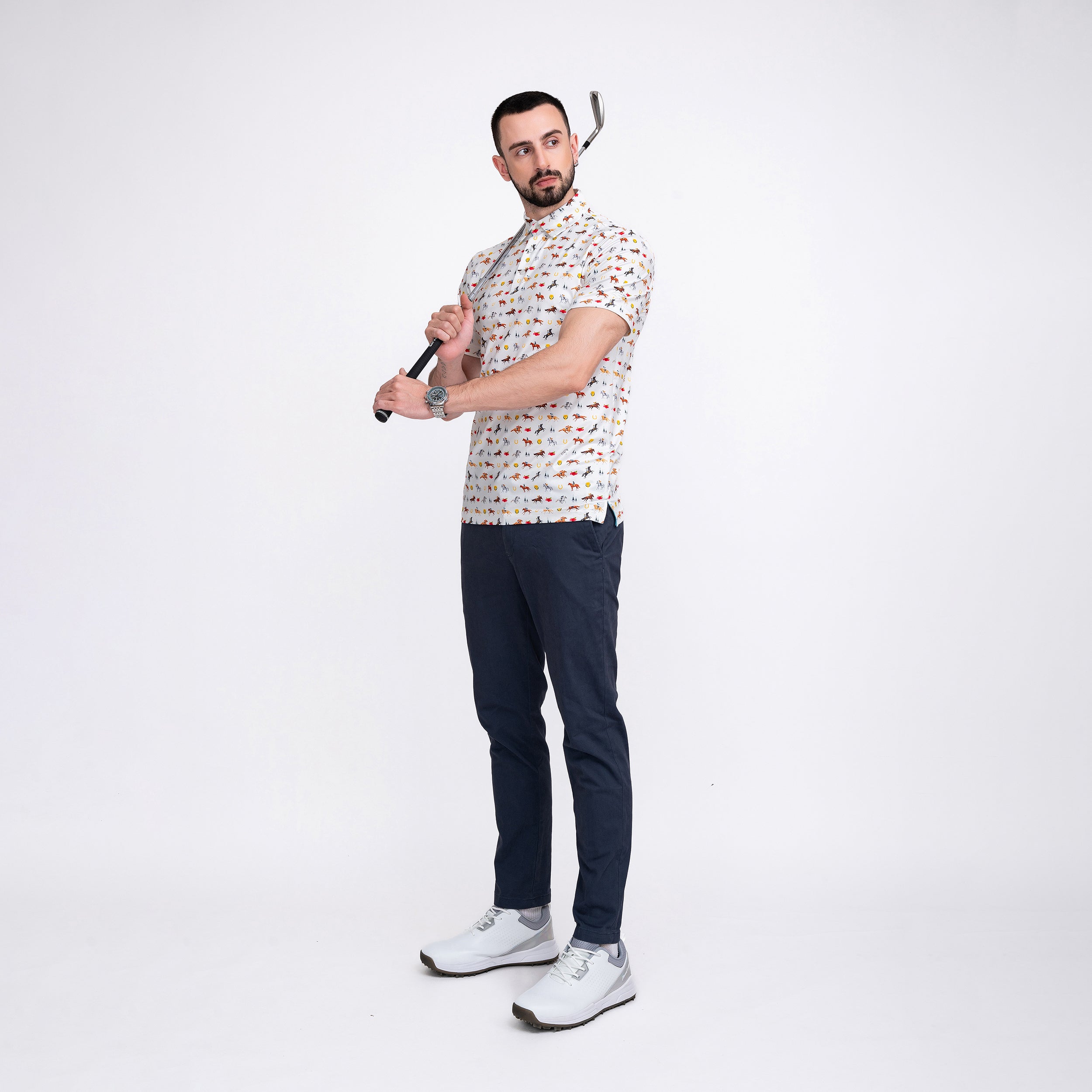 White Horse Racing Golf Shirts for Men Short Sleeve Performance Polo