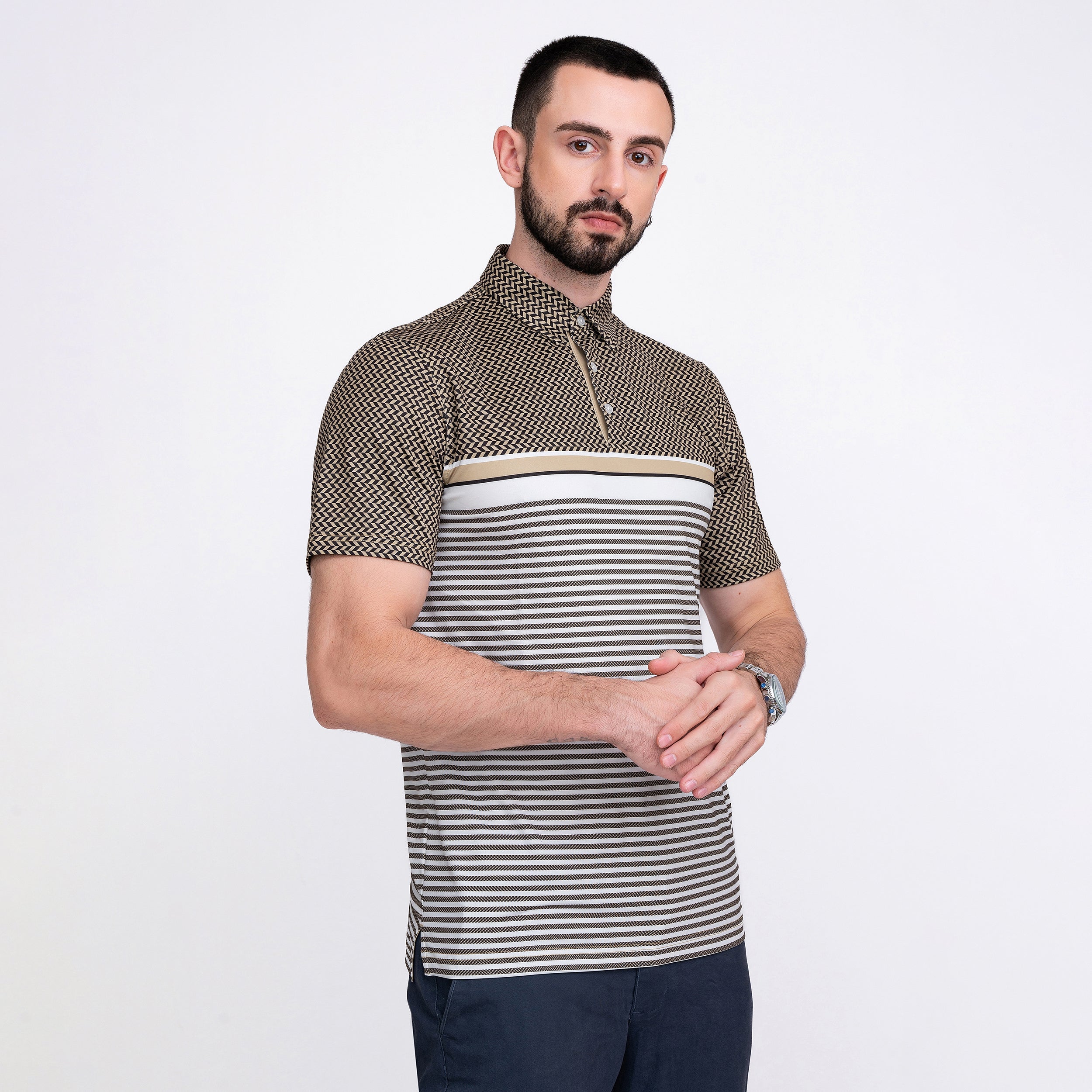 Gold Striped Golf Shirts for Men Short Sleeve Performance Polo