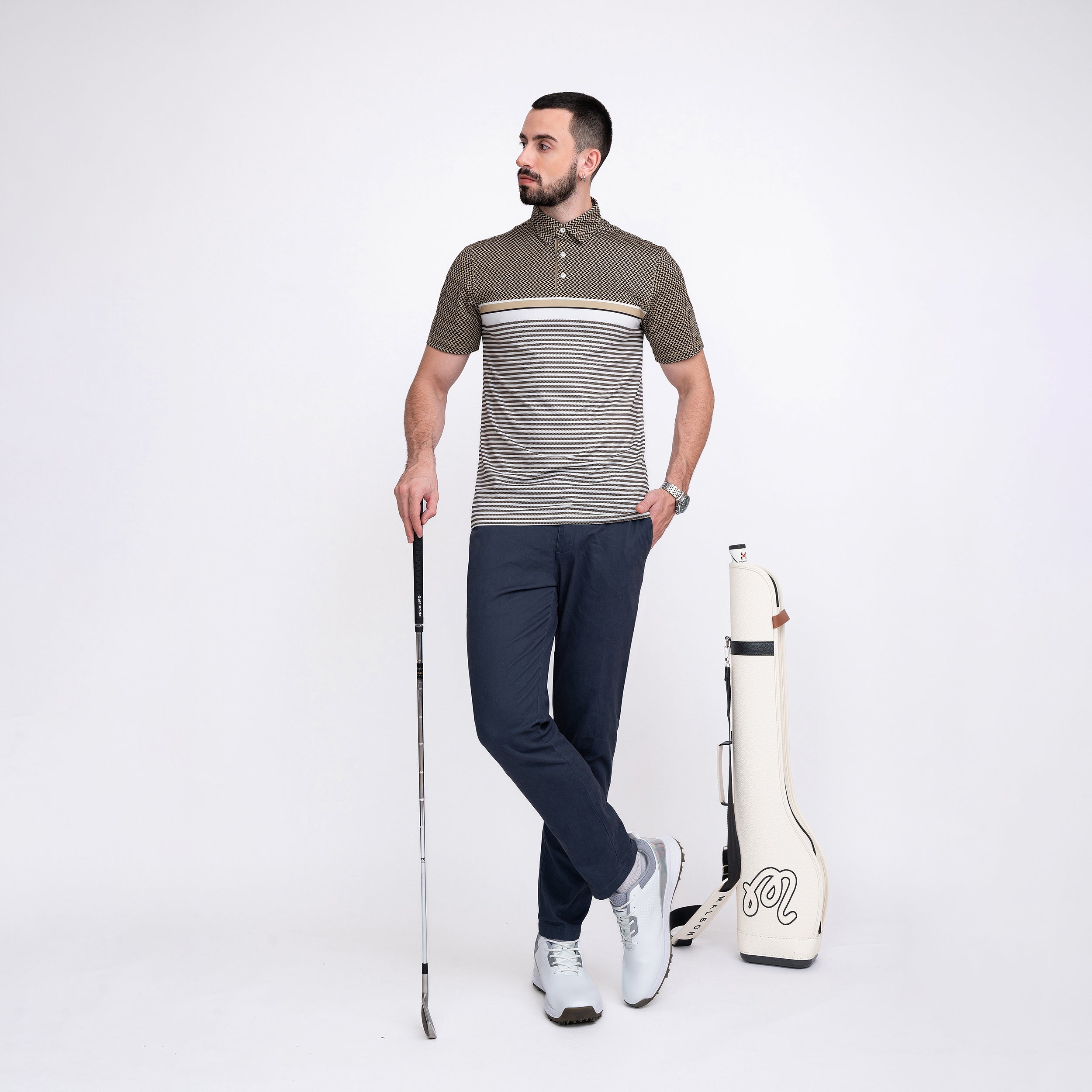 Gold Striped Golf Shirts for Men Short Sleeve Performance Polo