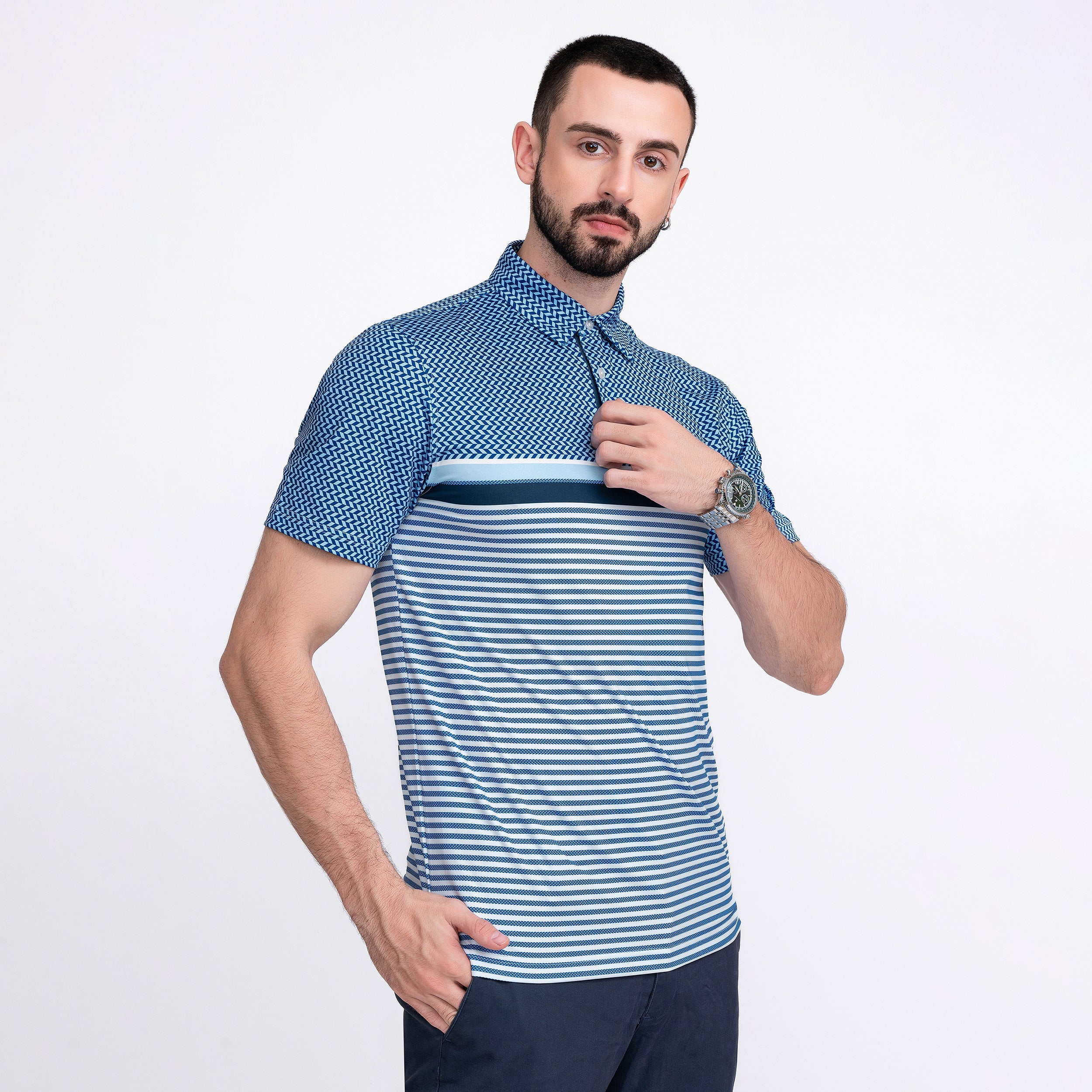 Blue Striped Golf Shirts for Men Short Sleeve Performance Polo