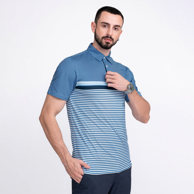 Blue Striped Golf Shirts for Men Short Sleeve Performance Polo Main Image