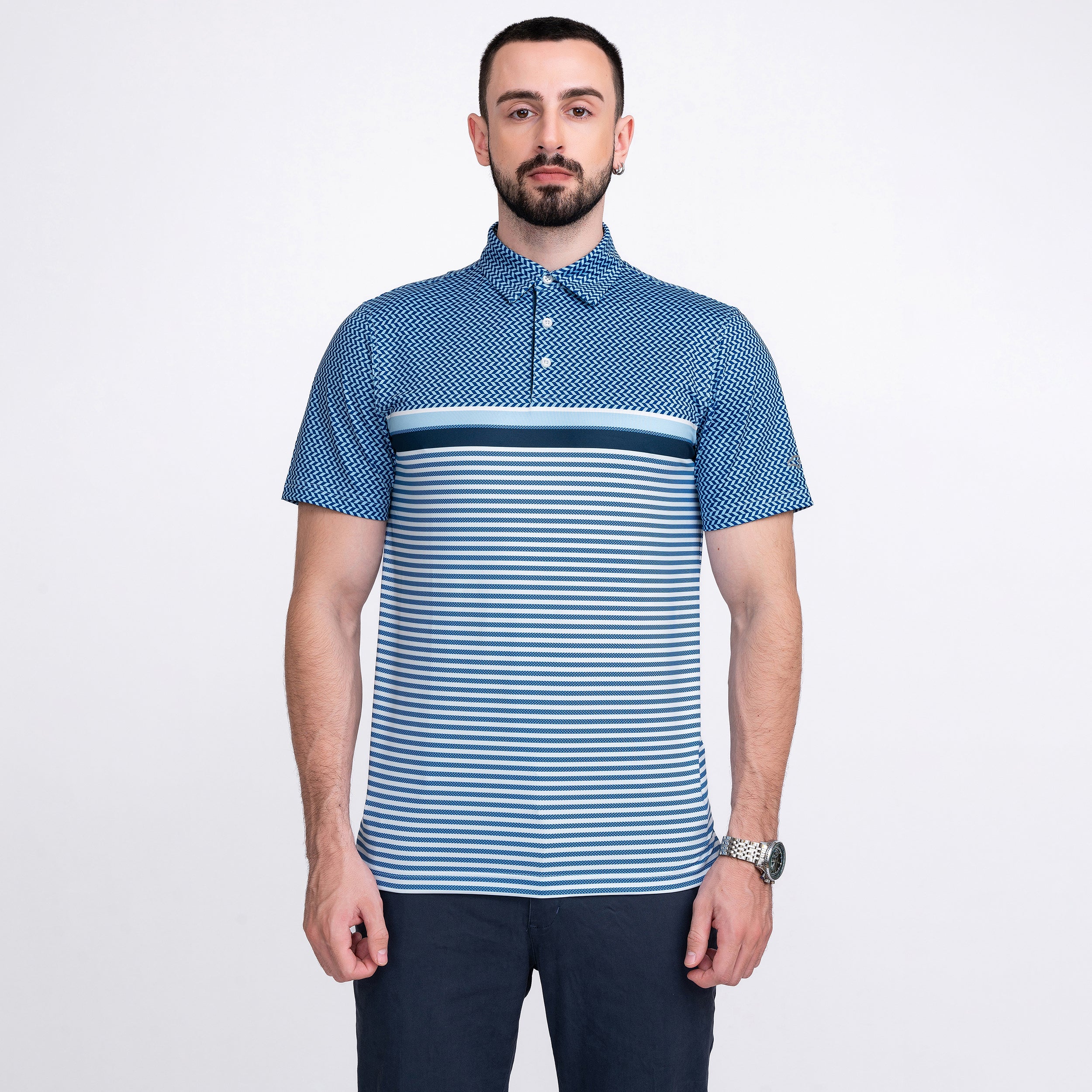 Blue Striped Golf Shirts for Men Short Sleeve Performance Polo