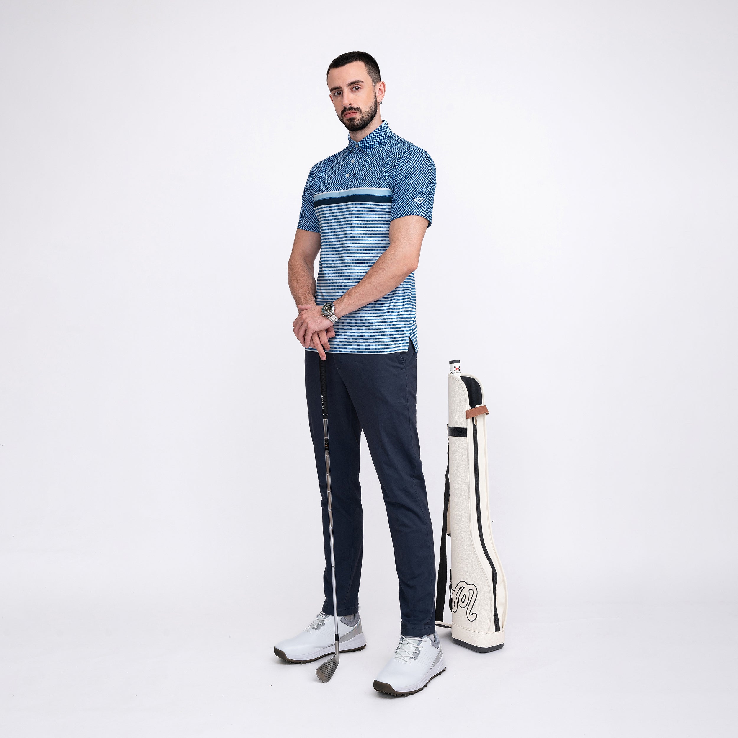 Blue Striped Golf Shirts for Men Short Sleeve Performance Polo
