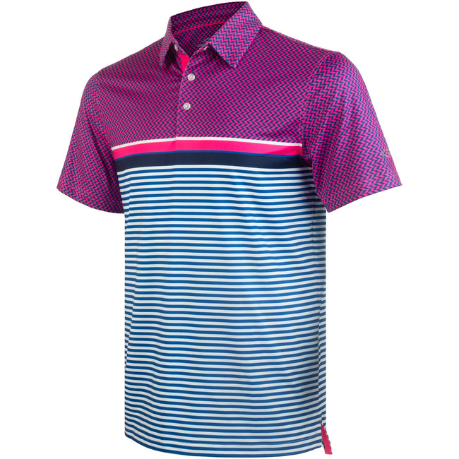 Pink Magenta Striped Golf Shirts for Men Short Sleeve Performance Polo Hover Image
