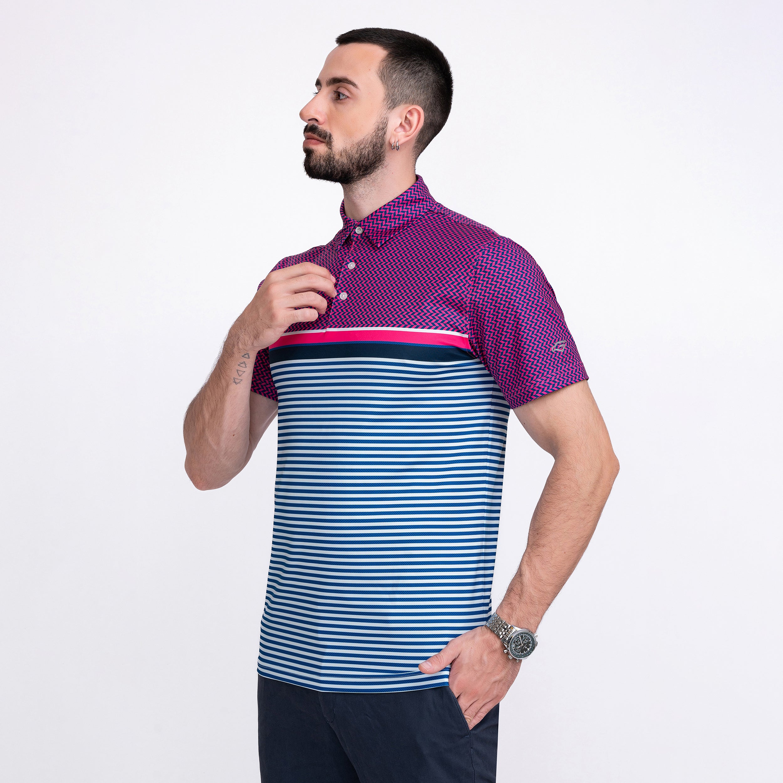 Pink Magenta Striped Golf Shirts for Men Short Sleeve Performance Polo