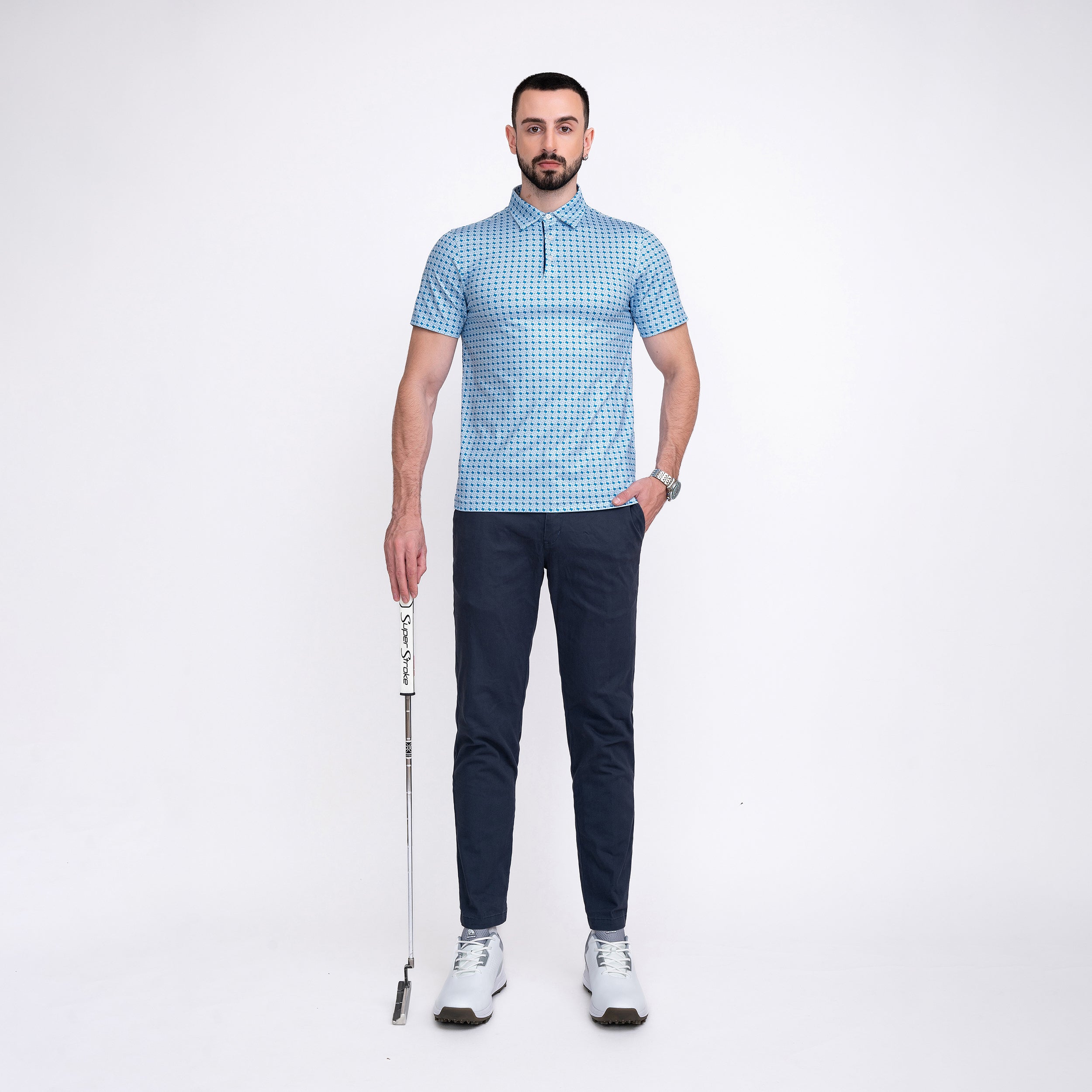 Blue Texas Bull Golf Shirts for Men Short Sleeve Performance Polo